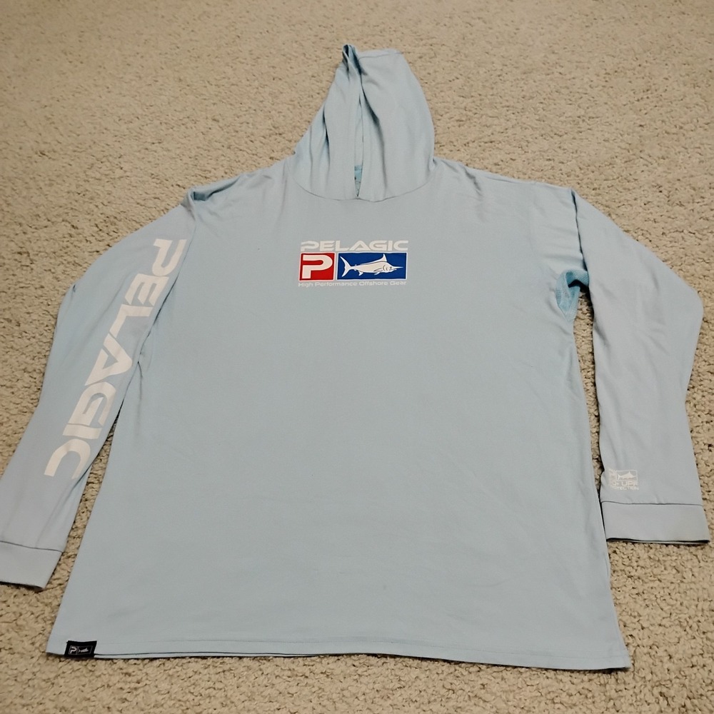 Pelagic AquaTek Shirt Mens XL Blue Hooded Long Sleeve UPF50 Fishing Performance
